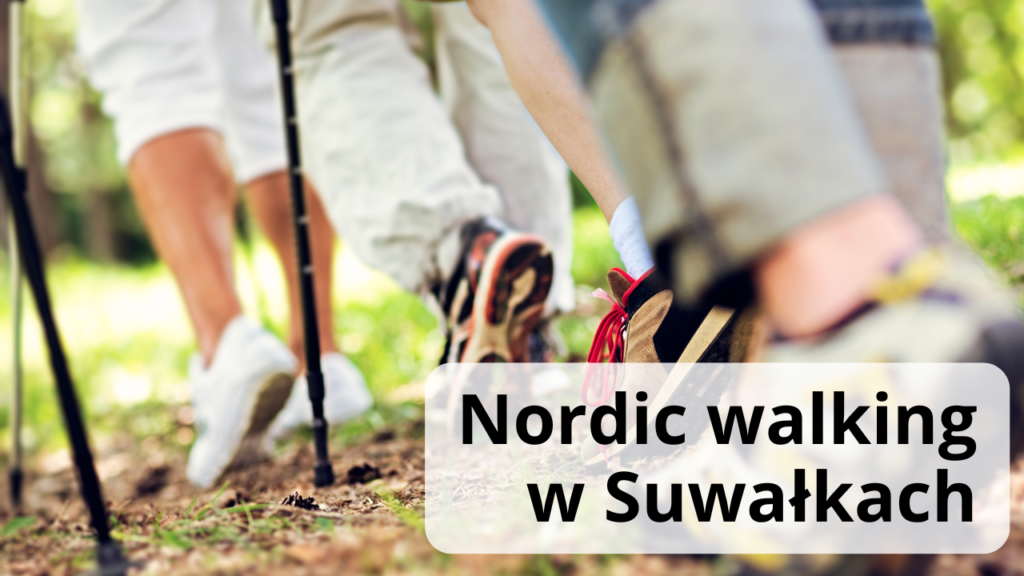 kilka osób z kijkami na spacerze w butach sportowych